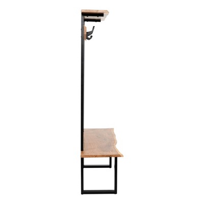 Natural Acacia Wood Hall Tree with Metal Hooks and Shelves