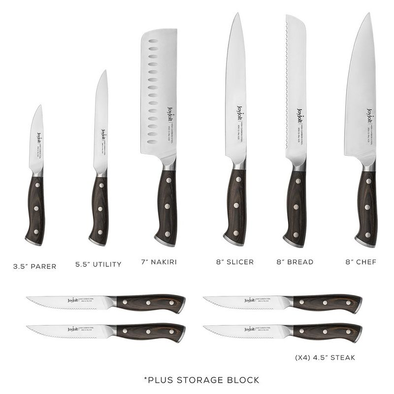 JoyJolt 11pc Kitchen Knife Set With Block. High Carbon, x50 German Steel Knives. Chef, Bread, Slicing, Nakiri, Utility, Paring and Steak Knife Set, 2 of 8