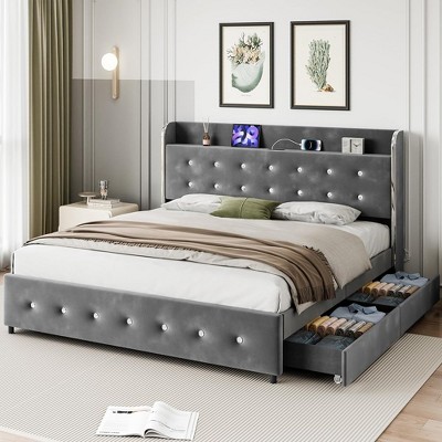 Whizmax Bed Frame, Upholstered Platform Bed Frame with Trundle and 4 Storage Drawers, Bed Frame with Diamond Tufted Headboard, No Box Spring Needed