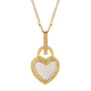 Anna-Kaci Women's Stainless Steel Necklace with 18K Gold Plated Heart Lock Pendant, Mother of Pearl Inlay, Adjustable Chain, Unique Design-Gold - 1 of 4