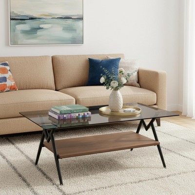 Homy Casa Rectangle Coffee Table with Gray Tempered Glass Top and Brown MDF Shelf, Modern Living Room Center Table with Metal Legs