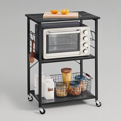Kitchen Shelf on Wheels, Serving Cart with 3 Shelves, Kitchen Cart, Microwave Shelf, for Mini Oven, Toaster, with 6 Hooks