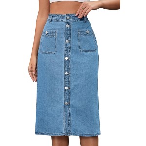 INSPIRE CHIC Women's Denim Button Down Front Slit with Pockets High Waist Pencil Midi Skirts - 1 of 4