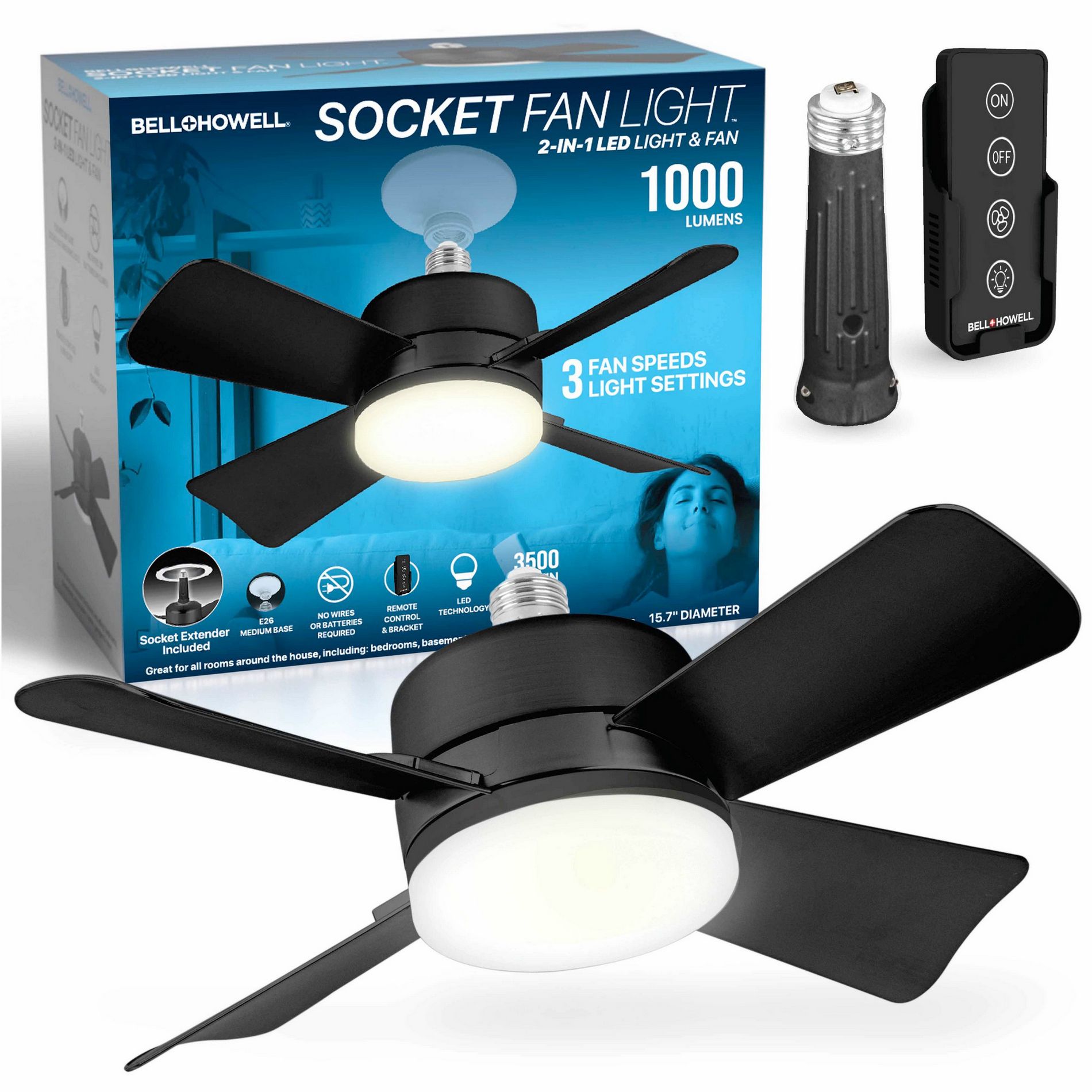 Socket Fan Light Ceiling Fan with Light 2-in-1 LED Warm Light and Fan with Remote Control Black