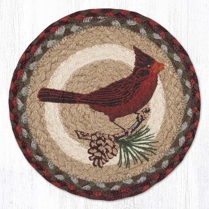 Earth Rugs Cardinal Pinecone Round Trivet – 10" Red Bird & Pine Print on Braided Natural Jute Table Mat - 1 of 3