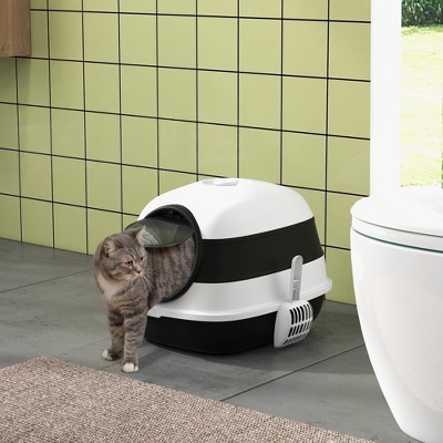 Akoasm Large Foldable & Easy Clean Two-Way Entrance Cat Litter Box With High Sides Lid, Air Freshener-White+Black