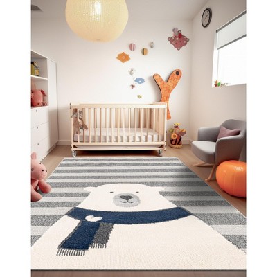 Gray and Ivory Rectangular Synthetic Kids Rug with Bear Design