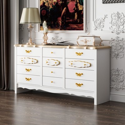 Luxury 12-Drawer White Dresser with Gold Handles – Pine Top Storage Cabinet for Bedroom and Living Space