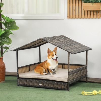 Khaki Elevated Wicker Dog House with Removable Cushion
