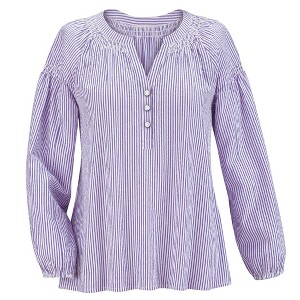 Collections Etc Seersucker Smock Trimmed V-Neck Long Sleeve Shirt - 1 of 4