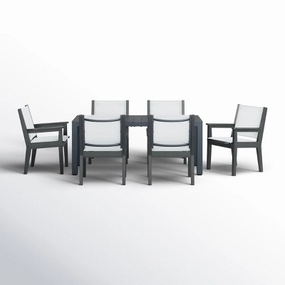 6 Piece Planked Wood Outdoor Dining Set Woven Performance Weave Chairs & Rectangular Table