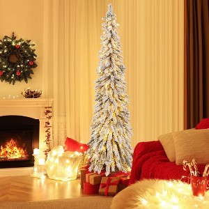 Costway 4 FT/5FT/6FT Pre-Lit Slim Christmas Tree Flocked Xmas Decoration 11 Modes 100 LED Lights - 1 of 4