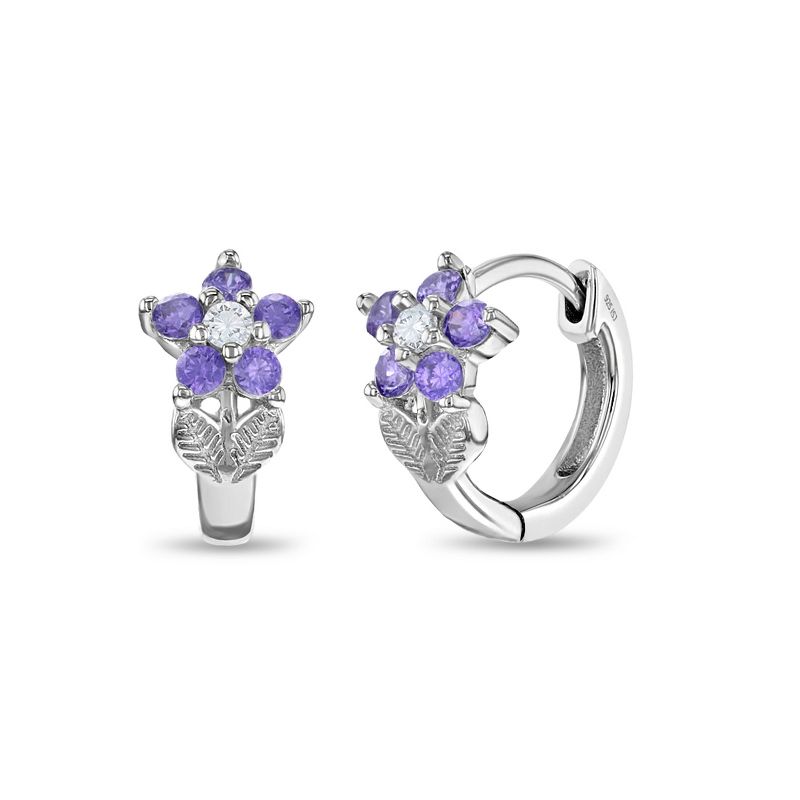 Girl's Flower with Stem Hoop Sterling Silver Earrings - In Season Jewelry, 1 of 5