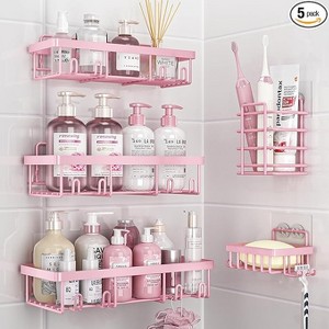 Ridstar 5-Piece Rust-Proof Stainless Steel Self-Adhesive Shower Rack Storage Set-Pink - 1 of 4