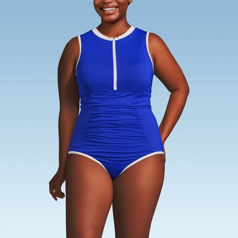 Lands End Women s Plus Size High Neck Zip Front One Piece Swimsuit With Pockets 18w Electric Blue white Target