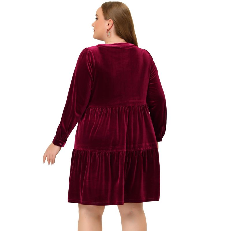 Agnes Orinda Women's Plus Size Velvet Winter Half Placket Pleat Long Sleeve Babydoll Dress, 4 of 7