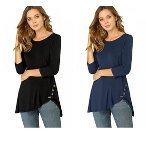 Allegra K Women's 3/4 Sleeve Round Neck Button Decor Casual Stretchy Tunic Tops 2 Packs - 1 of 4