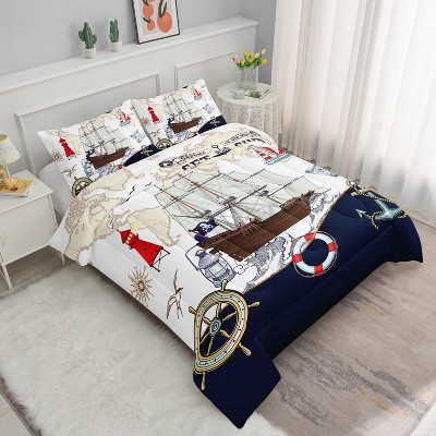 Nautical Comforter Set Full Size – Sailboat & Lighthouse Ocean Bedding with 1 Comforter & 2 Pillowcases, Sea Anchor Quilt Set for Boys Girls Men Women