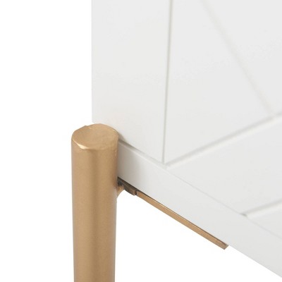 White and Gold Rectangular Wood and Metal Side Table with Drawer