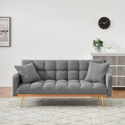 Aukfa 69"Convertible Sofa Bed with Teddy Fabric & Gold Legs - Modern Futon Couch Includes 2 Pillows, for Living Room/Bedroom