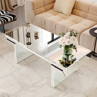 Grungis Sliver Round Coffee Table with Starburst Mirror Mosaic Design,Modern Center Table for Livng Room
