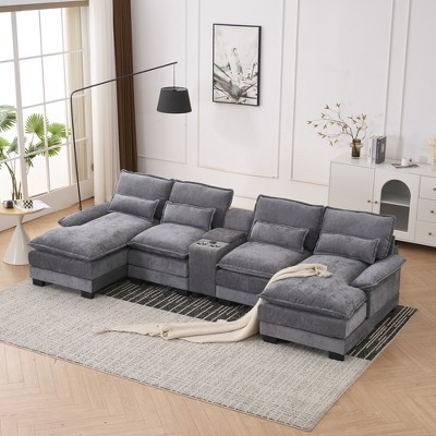 123'' Chenille U-Shaped Sectional Sofas Modern Double Chaise Symmetrical 6-Seater Sofa with Console, Cupholders and USB Ports