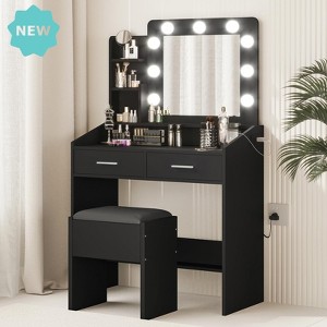 Jojoka Makeup Vanity Desk with Mirror and LED Lights, 9 Bulbs, Power Outlet, 2 Drawers, Shelves, Cushioned Stool, 3 Lighting Modes - 1 of 4