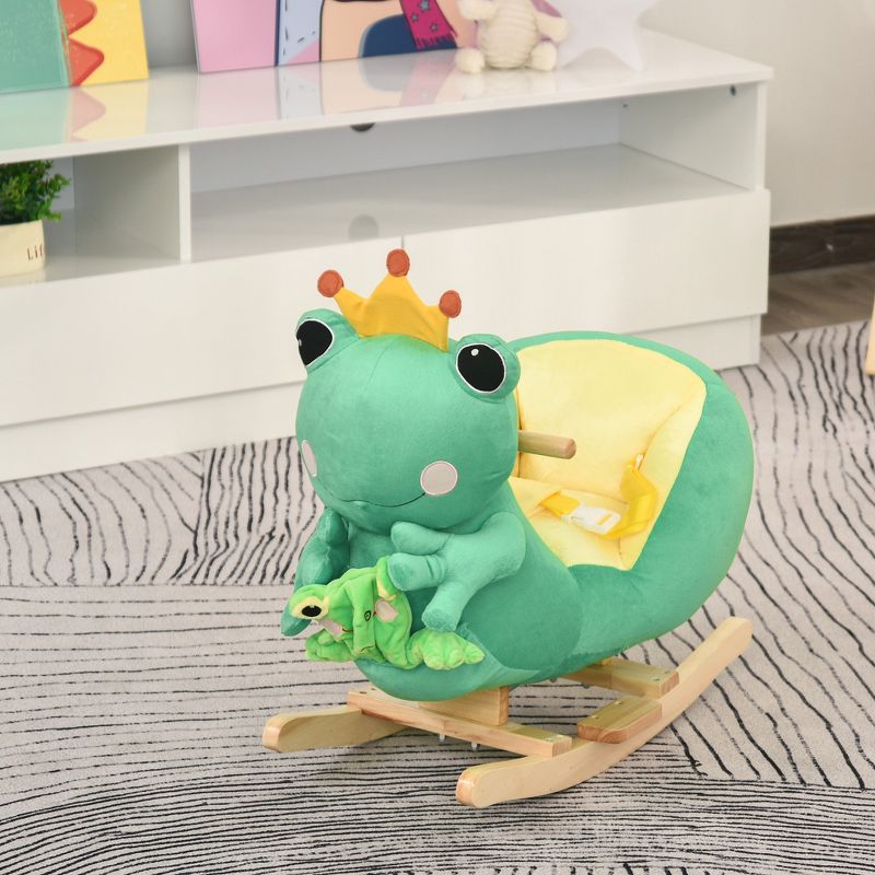 Qaba Kids Ride-On Rocking Horse Toy Frog Style Rocker with Fun Music, Seat Belt & Soft Plush Fabric Hand Puppet for Children 18-36 Months, Green, 3 of 10