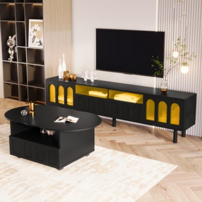 Cream-Toned TV Stand & Coffee Table Duo, LED-Backlit TV Stand for 80'' Screens, Cloud-Shaped Coffee Table with Lockable Casters, Black