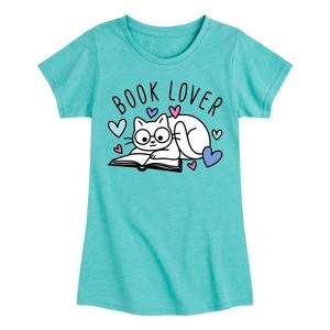 Girls' - Instant Message - Book Lover Cat Fitted Short Sleeve Graphic T-Shirt - 1 of 4