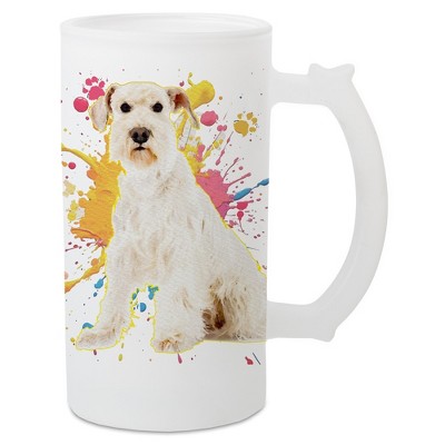 100 North Freezable Beer Stein Mug With Thumb Grip Handle, 16 Ounce Frosted Glass, Schnauzer Dog Paint Splatter