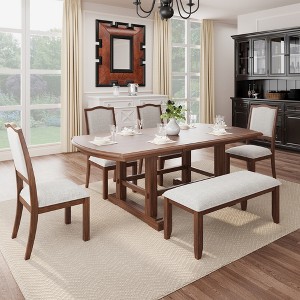 UPHA 6-Piece Wood Dining Table with Removable Leaf, Kitchen Table Set with 4 Upholstered Side Chair and Bench - 1 of 4