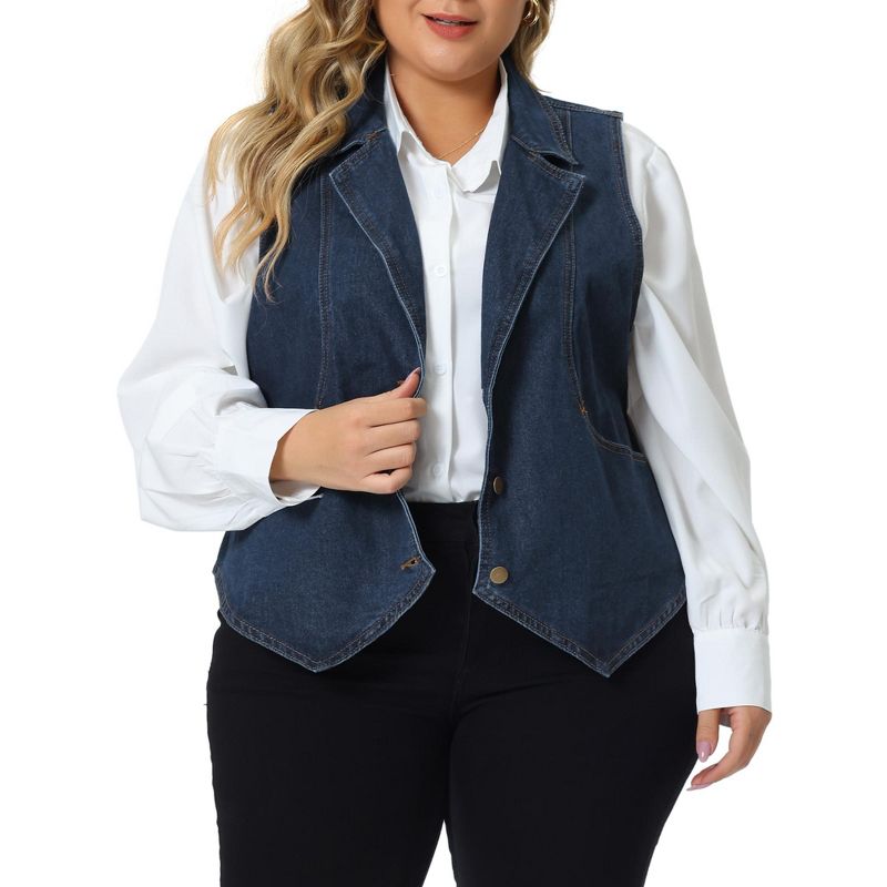 Agnes Orinda Women's Plus Size Sleeveless Lapel Casual Buttons Pockets Denim Vests, 1 of 6