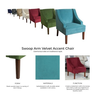 Forest Green Velvet Swoop Arm Accent Chair with Wood Legs