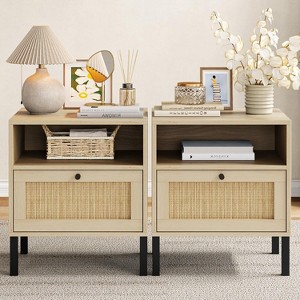 Angel Sar Rattan Night Stand Set 2, Boho Wood Nightstands Set of 2 with Door, Open Storage Space & Metal Legs, Natural Wood - 1 of 4