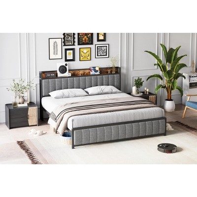Full Size Bed Frame with Shelf Headboard and Charging Station, Industrial Upholstered Platform Bed with Outlets
