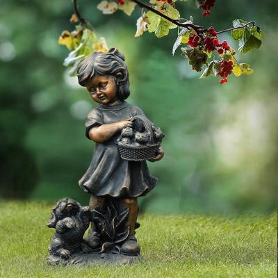 Bronze Girl Holding Basket of Kittens with Puppy Garden Statue