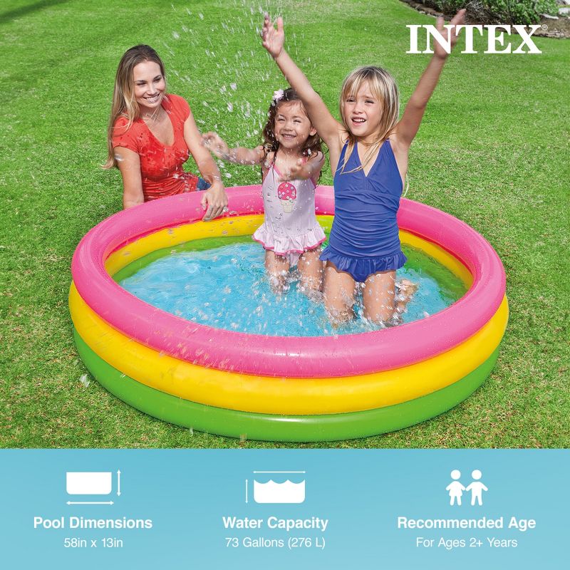 Intex 57422EP Sunset Glow 58" x 13" Inflatable Vinyl Toddler 3-Ring Colorful Backyard Kids Splash and Wade Pool for Children 2+ Years Old, Multicolor, 2 of 7