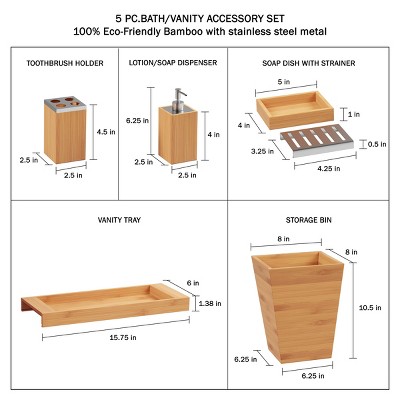 Natural Bamboo and Stainless Steel 5-Piece Bathroom Set
