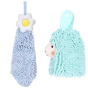 REGALWOVEN Soft Absorbent Flower Pattern and Sheep Pattern Chenille Hand Towel with Loop 6" x 15"/7" x 11" 2 Pcs - 1 of 4