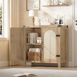 Rattan Sideboard Buffet Cabinet with Storage, Farmhouse Kitchen Accent Cabinet with Drawer, Boho Wooden Coffee Bar Storage - 1 of 4