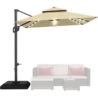 10ft Heavy Duty Cantilever Patio Umbrella with Solar LED Lights and Weighted Base, 2-Tier Aluminum Offset Outdoor Umbrella with 360-Degree Rotation