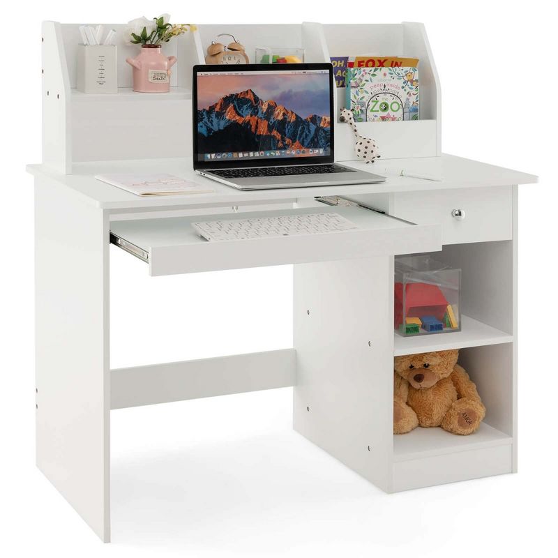 Costway Kids Study Desk Children Writing Table with Hutch Drawer Shelves & Keyboard Tray, 1 of 11