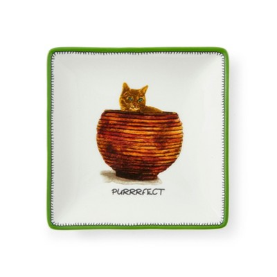Kit Kemp by Spode 4.5" Doodles Trinket Tray, Purrrfect Tagline, Fine China, Dishwasher Safe, Home, Entertainment, and Gathering Use