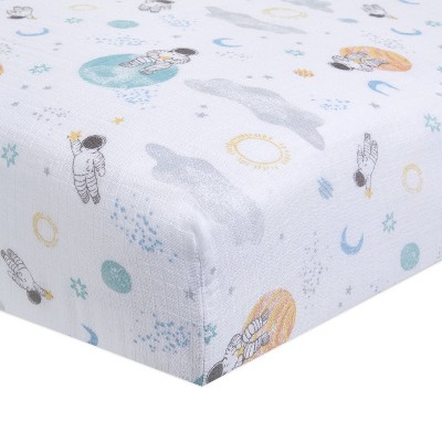Blue Cotton Muslin Space Explorers Crib Sheet