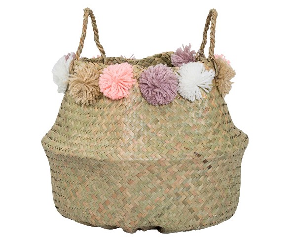 Seagrass Basket With Wool Flowers (15") - Natural - 3R Studios