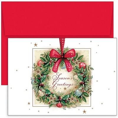 JAM PAPER Christmas Cards & Matching Envelopes Set 7 6/7" x 5 5/8" Painted Wreath 18/Pack (526937100