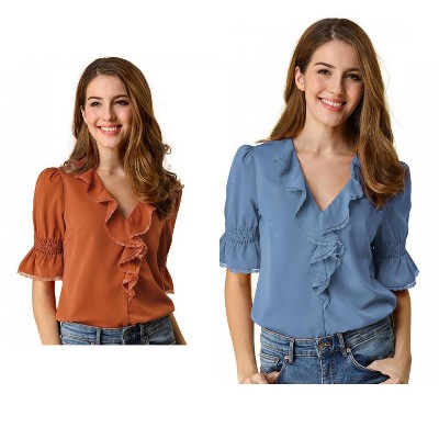 Allegra K Women's Ruffle V Neck Puff Sleeve Summer Casual Chiffon Peasant Top 2 Packs