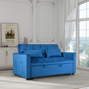Okak Modern 3-in-1 Pull-out Sofa Bed Convertible Loveseat Sleeper Couch Futon with Pillows & Reclining Backrest for Living Room Office, Blue - 1 of 4