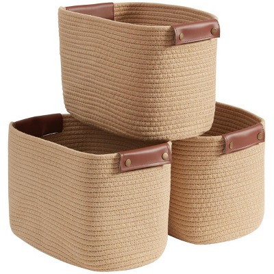 Ornavo Home 3 Pack Cotton Rope Shelf Storage Basket with Faux Leather Handles